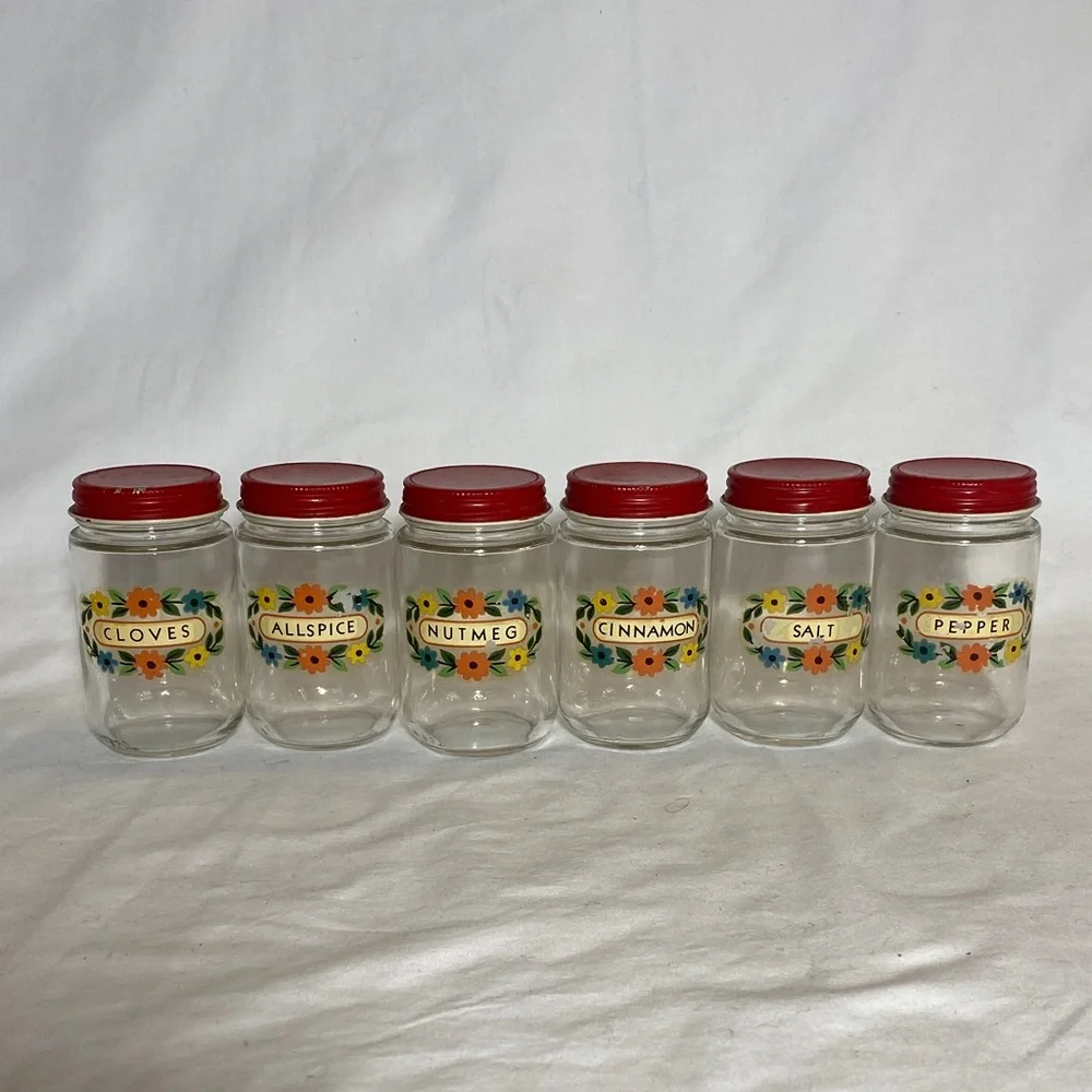 Vintage Set of 6 Glass Spice Jars with Red Metal Lids